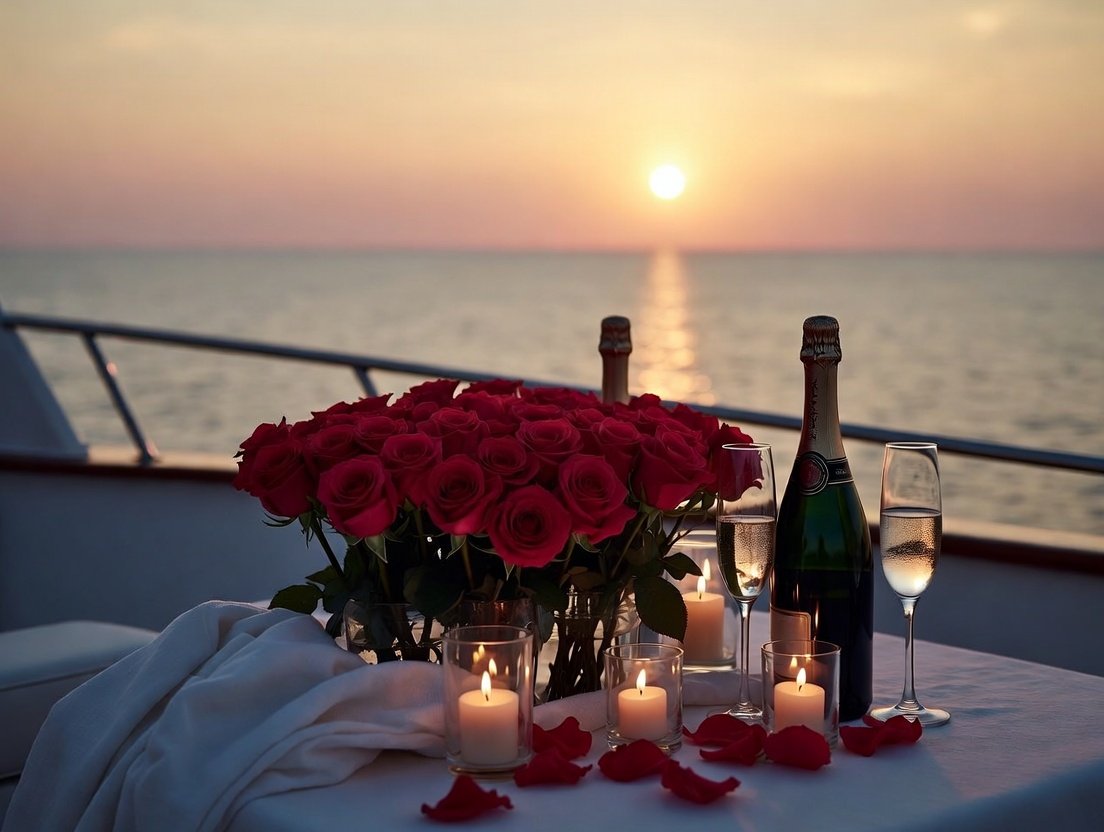 Romantic proposal setup on a private yacht in Ras Al Khaimah with roses, champagne, and sunset views